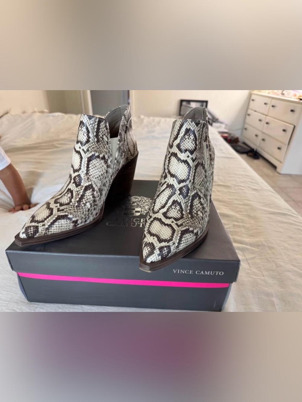 Vince Camuto Snake-Print Pointed Toe Ankle Booties in Cream and Brown
